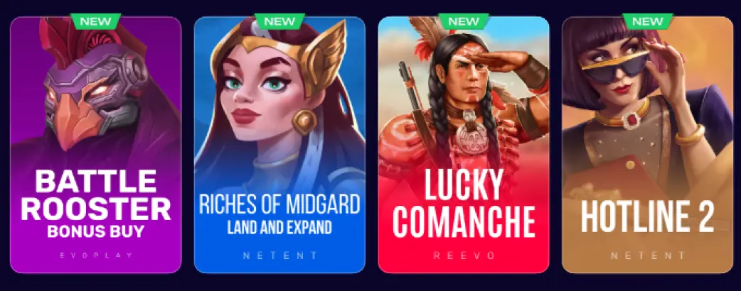 σειρά από νέα κουτιά slot με σήμανση new, εμφανίζονται οι τίτλοι battle rooster bonus buy, riches of midgard land and expand, lucky comanche και hotline 2